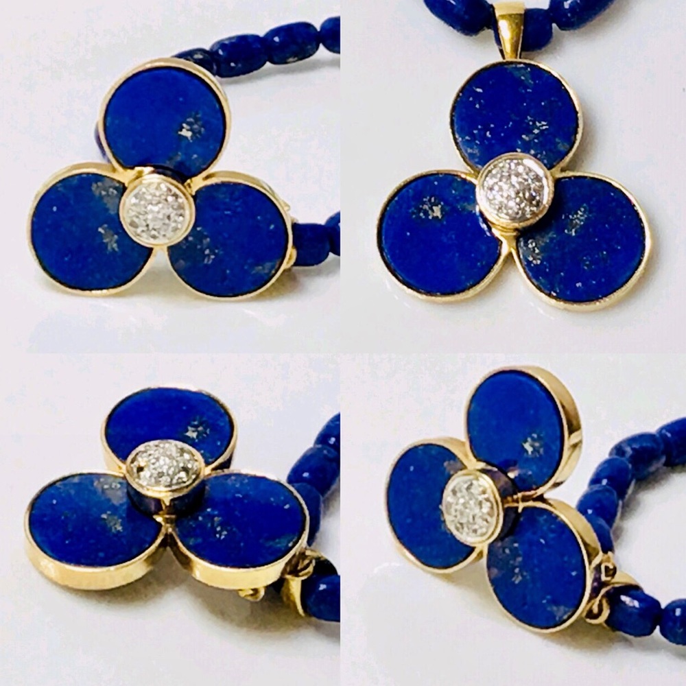 14k & 18k Gold Lapis Diamond Pendant Bead Necklace - Picture 2 of 6